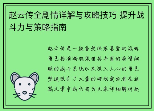 赵云传全剧情详解与攻略技巧 提升战斗力与策略指南